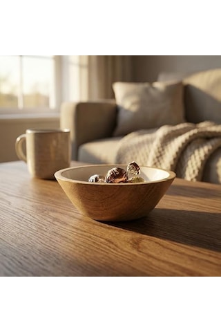 Mango Ağacı Kase - İçi Krem Emaye Enamel Kaplama 13 Cm Dekoratif Ahşap Sunum Kasesi - Leke Tutmaz Sosluk, Çerezlik Ve Dondurmalık, Çerez Ve Sosluk İçin Doğal Kase 1 Adet