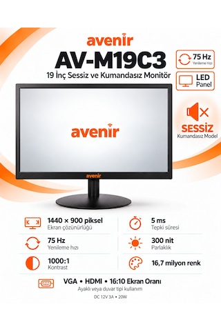 Av-m19c3 19 İnch 75hz 5ms Sessiz Kumandasız Monitör Av-m19c3 19 İnch 75hz 5ms Sessiz Kumandasız Monitör