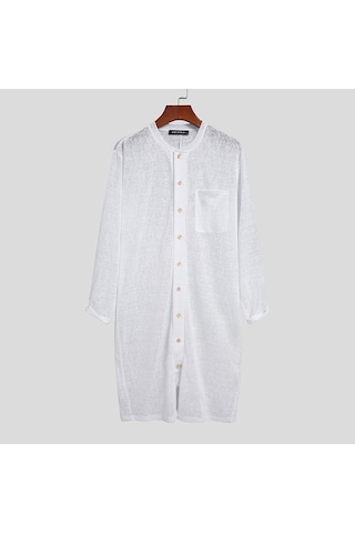 Incerun Erkekler Uzun Kollu Örgü Şeffaf Ince Leotard Pijama Tulum Gecelik Kısa Romper İç Giyim Beyaz