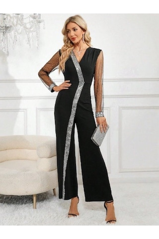 S-pazarım Kadın Uzun V Yakalı Önden Pulpayet Detaylı Tüllü Uzun Ithal Krep Tulum Siyah