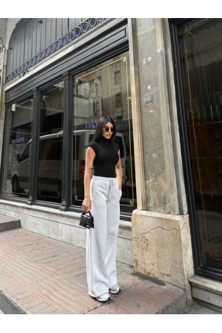 Out Of Standart Kadın Wide-leg Kalıp Beli Lastikli Kordon Detaylı Eşofman Altı Kar Melanj
