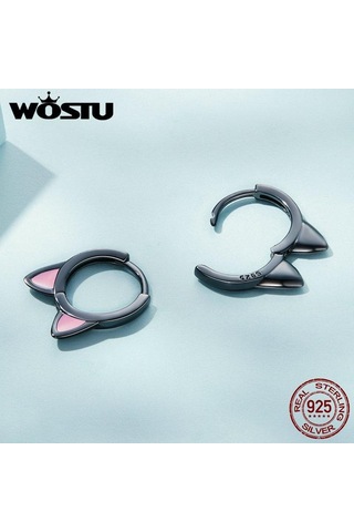 Wostu Gerçek 925 Ayar Gümüş Kedi Kulak Hoop Küpe Kadınlar Için Güzel Pembe Sevimli Pet Paw Çıtçıt Klipler Kız Benzersiz Takı Hediye A