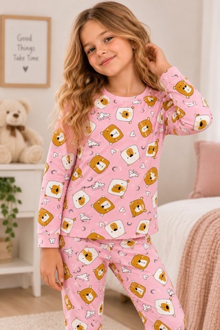 Free Beka Desenli Bisiklet Yaka %100 Pamuklu İnterlok Kumaş Kız Çocuk Uzun Kollu Pijama Takımı Pembe