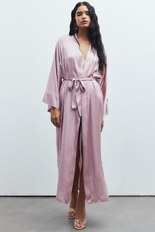 Frappant Gül Kurusu Uzun Saten Sabahlık / Kimono Pembe