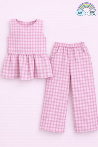 My Kids Wear Kız Çocuk Pötikareli Peplum Bluz Ve Pantolon Takımı 12689 Pembe