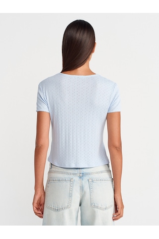 Dilvin 31795 Fiyonk Detaylı Kısa Kollu Kontrast T-shirt-açık Mavi Açık Mavi