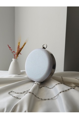 Vivazzaluxe Modern Yuvarlak Model Simli Düğün Nişan Gelin Kadın Abiye Clutch Çanta Beyaz