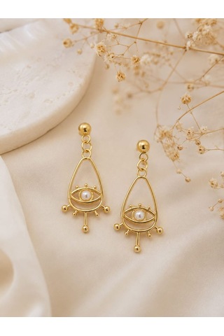Cm Jewelry Göz Ve İnci Detaylı Gold Çelik Küpe Altın
