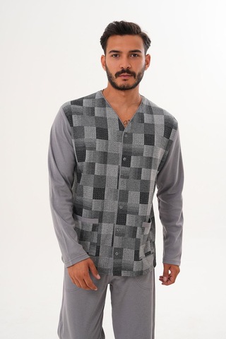 Çift Kaplan Erkek Çilli Desen Önden Düğmeli Gri Pijama Takımı 8032 Gri