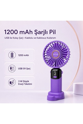 Mkio Şarjlı El Vantilatörü 5 Kademeli, Katlanabilir Dijital Ekranlı Mini El Fanı, 1200 Mah, 5 Pervaneli Güçlü Hava Akışı, Standlı Masaüstü Fan, Usb Şarjlı - Mor Renk