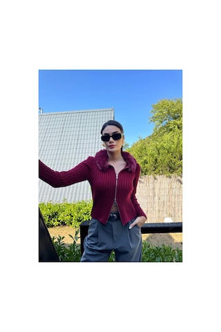 İkrafashion Yakası Kürklü Triko Hırka Bordo Bordo