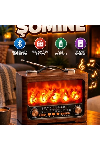 Retro Şömine Efektli Bluetooth Hoparlör Fm Am Sw Radyo, Usb Ve Tf Kart Destekli