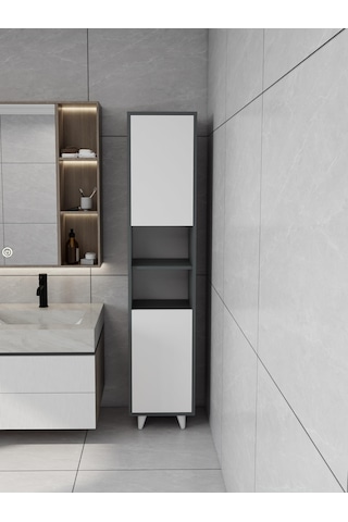 Riva Çamaşır Sepetli Banyo Dolabı Koyu Gri Renk