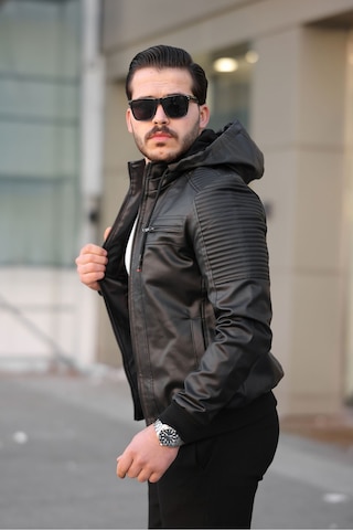 Erkek Siyah Dar Kesim Kapüşonlu Bel Lastikli Ribanalı Deri Ceket & Mont Siyah