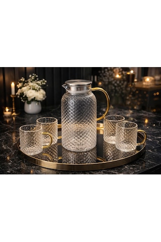 Morponi Borosilikat Cam Gold Saplı Buzlu 5 Parça Sürahi Takımı Royal 1800 Ml