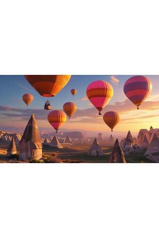Doğa Ve Manzara Yatay Kapadokyada Gün Doğumunda Peri Bacalarının Üzerinde Balonlar 02 Çerçevesiz 90x60cm Pvc Tablo