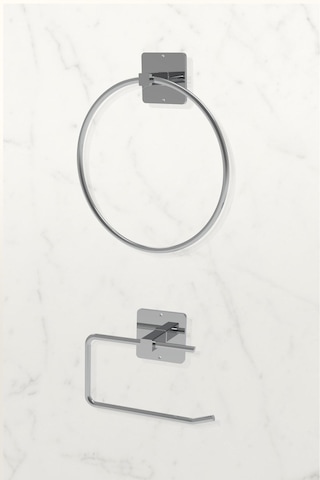 Karteya Yapışkanlı Gümüş Wc Kağıtlık Ve Çember Havluluk Banyo Mutfak 2'li Set Gümüş