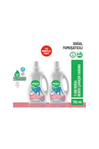 Siveno %100 Doğal Bebek Çamaşır Sabunu Kendinden Yumuşatıcılı Bitkisel Deterjan Konsantre 750 ml X2 Adet