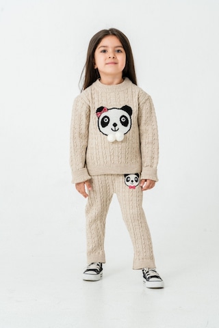 Babyhola 1-5 Yaş Kız Çocuk Panda Desenli Saç Örgü Kışlık Triko Takım 23217 Bej