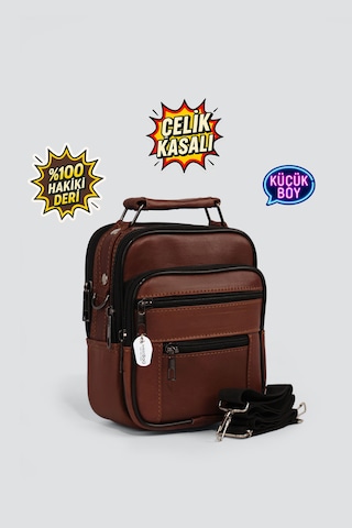 Westbag Erkek Çelik Kasalı Hakiki Deri El Ve Omuz Çantası Ayarlanabilir Askılı Küçük Boy Koyu Taba