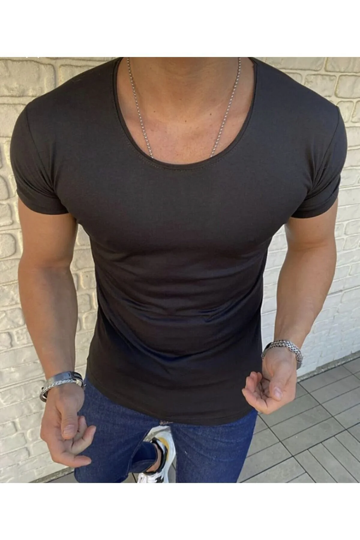 Erkek 2 Li Paket Oval Yaka Siyah Beyaz Tişört Açık Yaka Likralı Slim Fit T-shirt Beyaz - Siyah