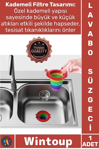 Süzgeç Mutfak Banyo Gider Koruyucu Tıkanıklık Önleyici Pratik Şık Renkli 6 Kademeli Lavabo Süzgeci Çok Renkli