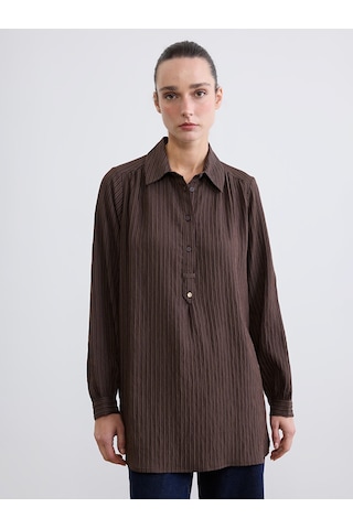 Lcw Everyday Kahverengi Gömlek Yaka Çizgili Oversize Armürlü Kadın Tunik