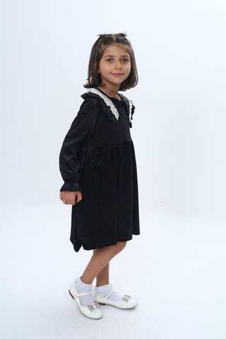 Toontoy Kız Çocuk Yaka Detaylı Fırfırlı Elbise Siyah