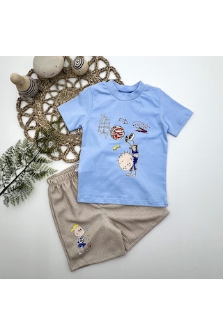 1-2-3 Yaş Topçu Erkek Çocuk Baskılı Şortlu Kısa Kollu Tişört 2li Erkek Bebek Takımı Mavi Mavi