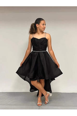 Butikhappykids Kız Çocuk Abiye Siyah Taş Kordon Askılı Kalp Yaka Kuyruklu Şifon Abiye Elbise 10-15 Yaş Siyah