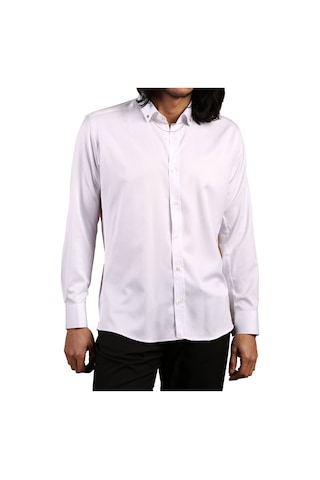 Dicotto Beyaz Düğmeli Yaka Ve Zincirli Uzun Kol Dar Kesim Micro Kumaş Kol Düğmeli Slim Fit Erkek Gömlek - 198-1 001