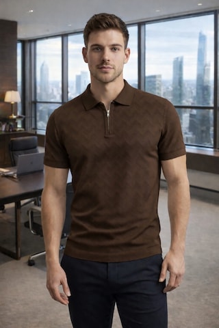 Erkek Slim Fit Fermuarlı Polo Yaka Triko Tişört Kahverengi