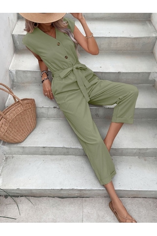 Keten Kadın V Yaka Tek Sıra Düğmeli Kolsuz Tulum 001