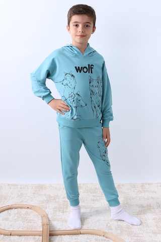 Erkek Çocuk Kapşonlu Eşofman Takımı 4 Mevsim Wolf Baskılı Ribanalı F12 Mavi