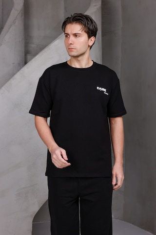 Erkek Baskılı Oversize Bisiklet Yaka 2 İki İplik Kompakt T-shirt Siyah