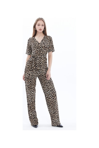 Kadın Krep Beli Kemerli Ve Fermuarlı Tulum-leopar Leopar