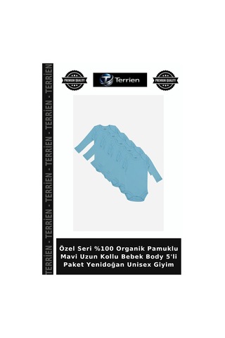 Terrien Özel Seri %100 Organik Pamuklu Mavi Uzun Kollu Bebek Body 5'li Paket Yenidoğan Unisex Giyim