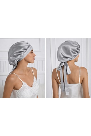 Silkwormlife %100 Saf Ipek, Uzun Bağcıklı Lüks Gece Bakim Bonesi Gümüş Gri