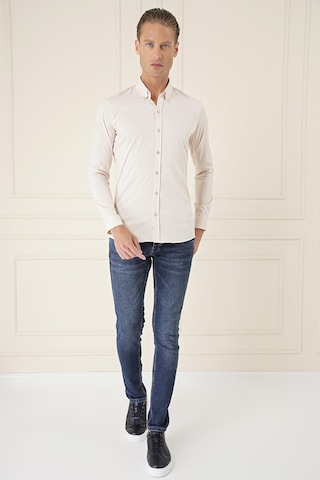 Efor Slim Fit Düğmeli Yaka Esnek Pamuk Klasik Bej Gömlek Gk 727 Bej