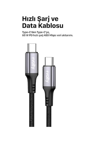 Type C Hızlı Şarj Kablosu Type-c To Type-c, 60w, 480mbps, 1.2m, Pd, Data, Dayanıklı Örgü V0201009