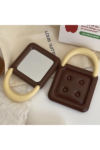 Sevimli Çikolata Kare Ayna Çift Taraflı Katlanır Kompakt Ayna Çanta İçin Makyaj Aynası Taşınabilir Mini Ayna Masaüstü Dekoru Kahverengi