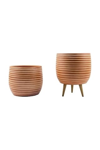 Bitki Tasarımı Ev Dekorasyon Yan Çizgi Desenli Terrakota Toprak Saksı Saksılık Salon Çiçeklik İkili Set Ayaksız - 3 Ayaklı- 15 Cm