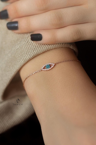 Göz Model Mavi Turkuaz Taşlı Gümüş  Bileklik