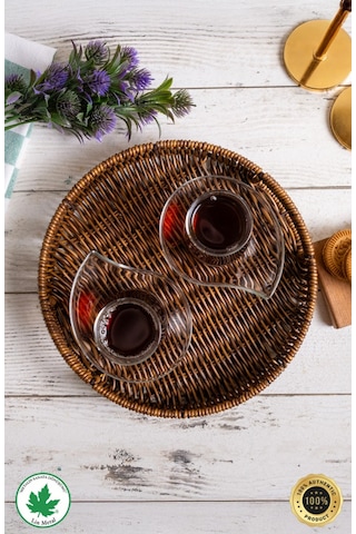 Yuvarlak Hasır Tepsi, Kulplu Sunum Tepsisi, Servis Tepsisi, Kahve Tepsisi, Keyif Tepsisi, Modern Hasır Tepsi - 25 Cm Kahverengi