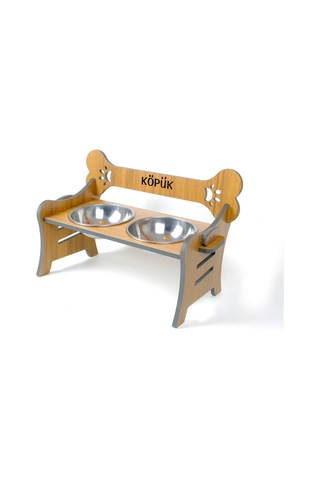Köpek Su Ve Mama Kabı Standı - Özel İsim Baskılı - Suya Dayanıklı - Ceviz Cdf - Çelik Kase -2 1000ml