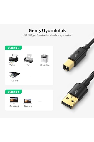 Ugreen Usb-a - Usb-b Yazıcı Tarayıcı Kablosu 2 Metre, Siyah, 20847