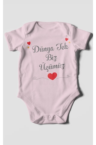 Morivokids Dünya Tek Biz Üçümüz Kısa Kollu Bebek Body %100 Pamuk Bebe Pembe