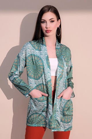 Kadın Yeşil Etnik Desen Yeni Moda Saten Çift Cepli Salaş Kimono Ceket - Tesettüre Uygun Yeşil