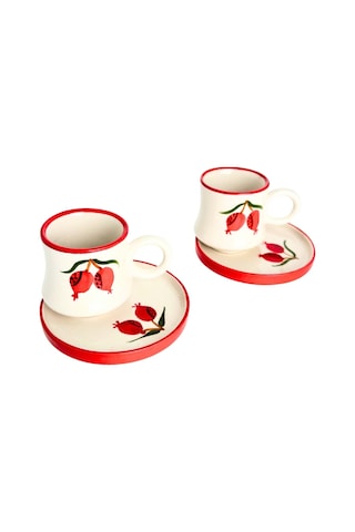 2 Li Takım Nar Desenli El Yapımı Kazan Seramik Kahve Fincanı, Kahve Fincanı Beyaz