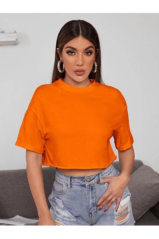 Flood Of Style Kadın Turuncu Bisiklet Yaka Oversize Crop T-shirt